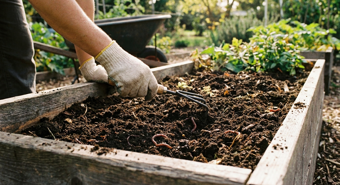 A raised garden bed with dark, crumbly soil being mixed with finished compost using a hand rake