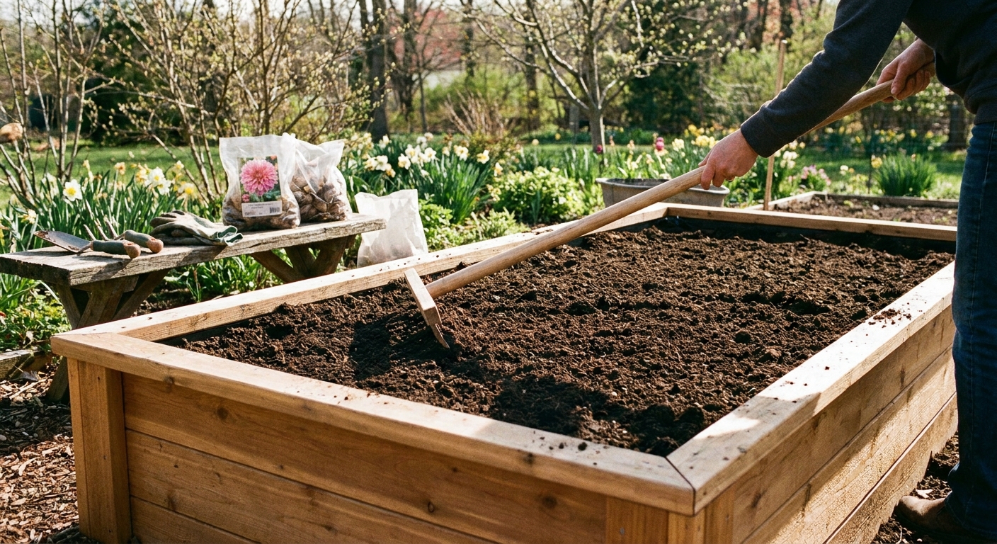 A raised garden bed with loose dark soil being raked smooth, ready for planting dahlias on a bright spring day, real photograph style
