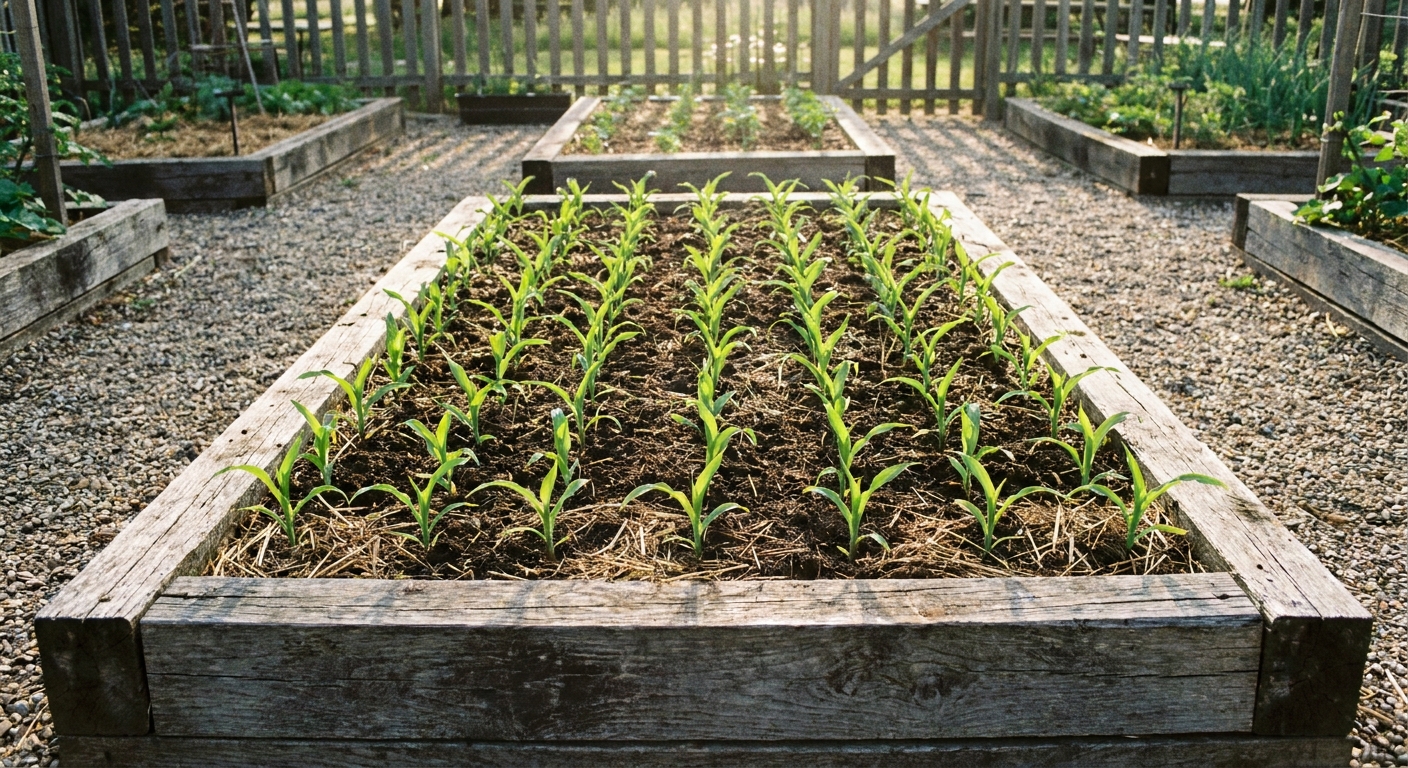 A raised garden bed with sweet corn planted in a neat square block pattern, seedlings evenly spaced, real photo scene