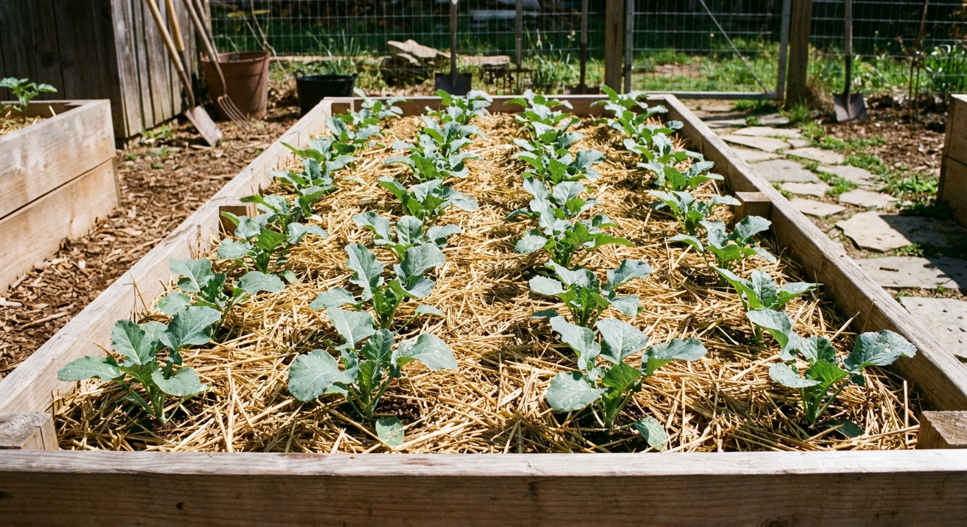 A raised garden bed with young broccoli plants planted in neat rows with visible spacing and straw mulch, bright natural sunlight, real photo
