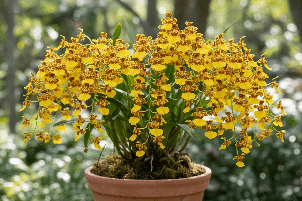 A real Oncidium orchid with branching sprays of small yellow dancing lady flowers blooming beside a bright window with sheer curtains, natural indoor light