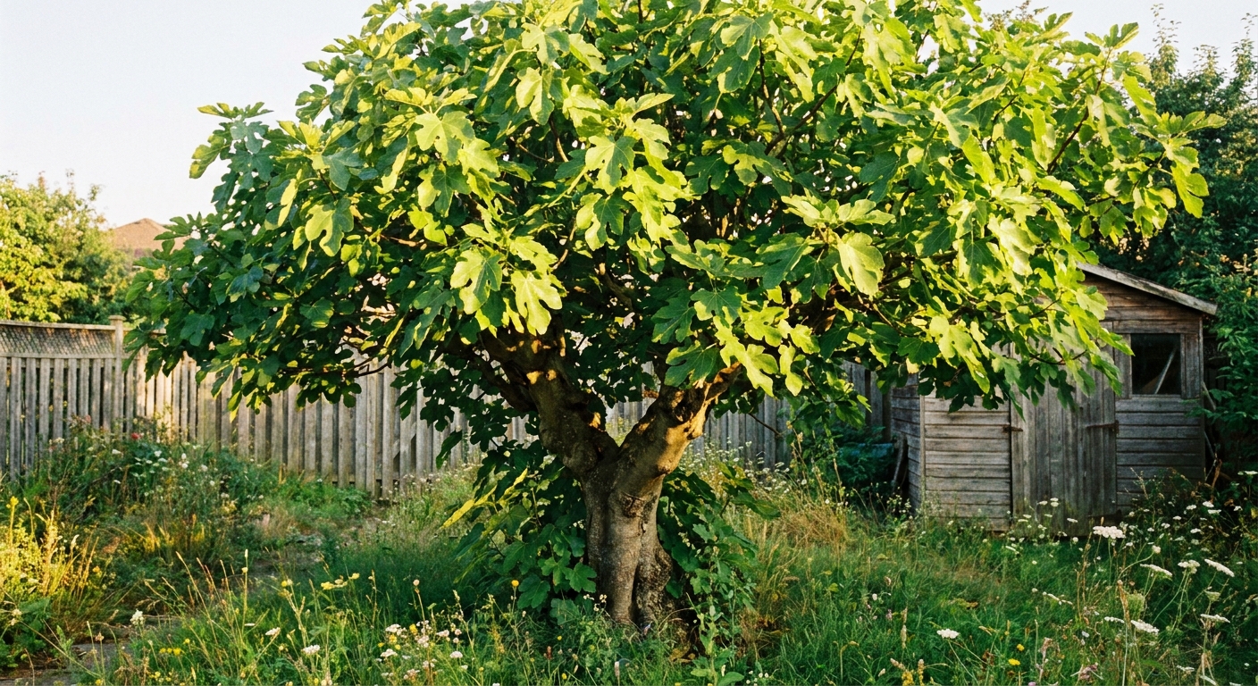 A real backyard fig tree with a dense canopy of bright green leaves and no visible fruit, photographed in late summer light