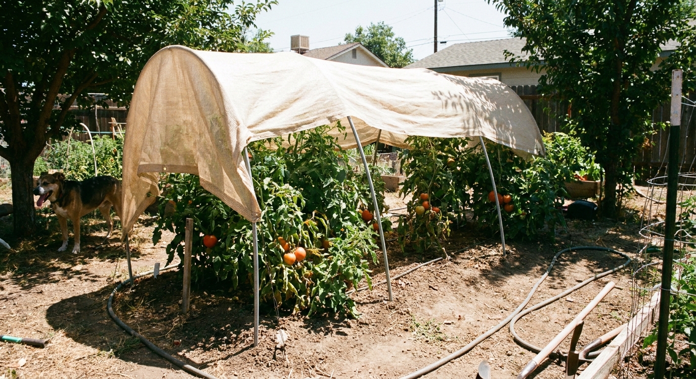 A real backyard garden bed with tomato plants under light shade cloth on a hot sunny afternoon, supported by simple hoops