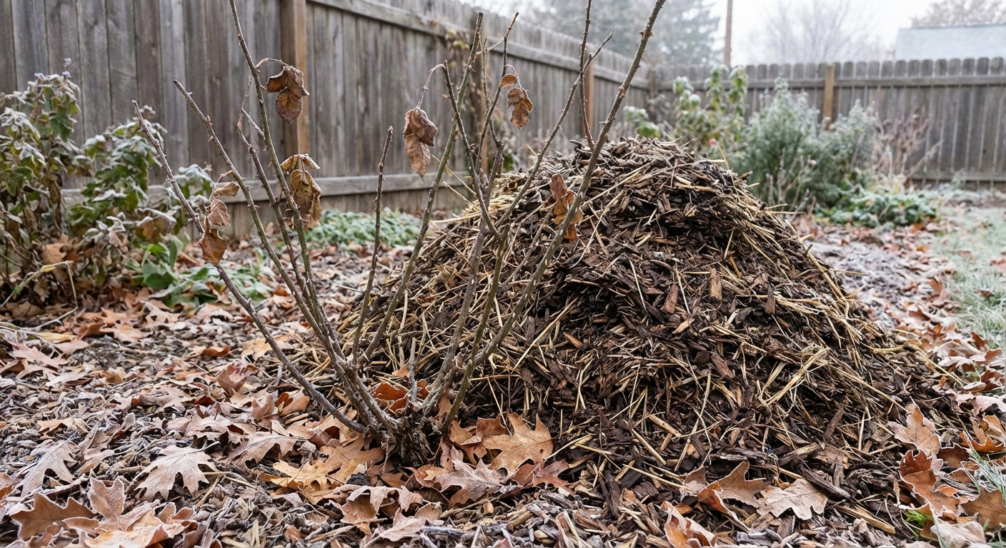 A real backyard garden rose bush with a tall mound of loose mulch around the base after the first hard frost, with fallen leaves on the soil and muted late autumn light