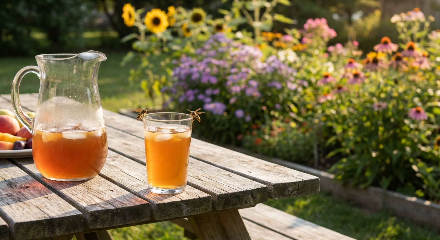 A real backyard picnic table in late summer with a few yellowjackets hovering near a sugary drink while flowers bloom in the background, natural outdoor photo