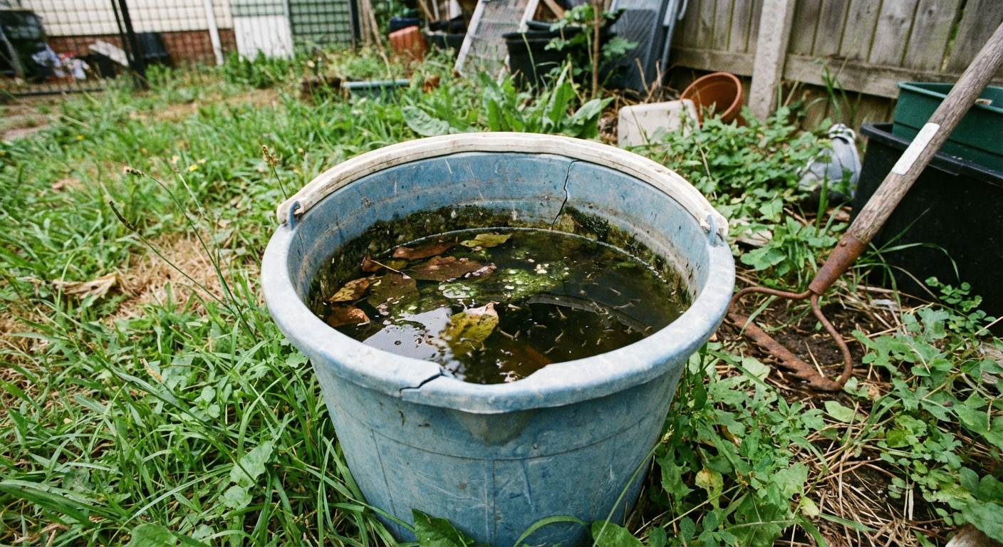 A real backyard scene showing a plastic bucket outdoors with stagnant rainwater inside, surrounded by grass, photographed in natural daylight