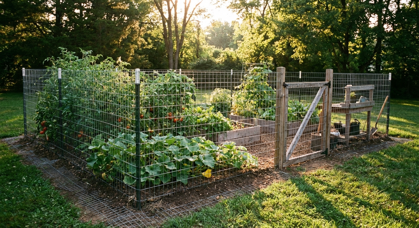 A real backyard vegetable garden enclosed by a welded wire fence with the bottom wire buried and an outward ground apron visible along the soil line, late afternoon natural light, photorealistic