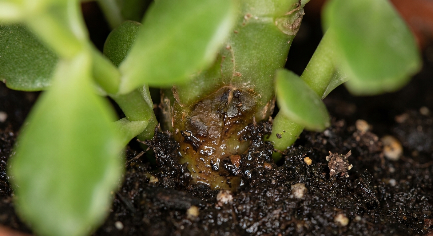 A real close-up of a kalanchoe stem at the soil line showing dark, soft tissue and damp potting mix, indicating early stem rot