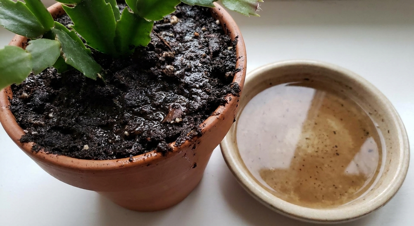A real close up photo of a Christmas cactus pot showing dark, soggy potting mix and a drainage saucer with standing water nearby