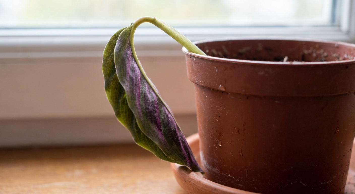 A real close-up photo of a calathea leaf and petiole drooping over the rim of a nursery pot, showing soft limp posture in natural window light