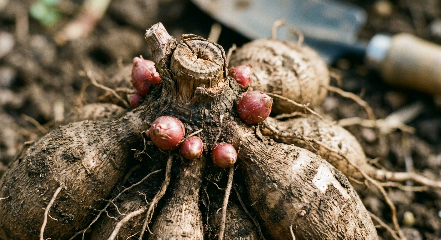 A real close-up photo of a dahlia tuber crown showing several small swollen eyes near the old stem scar, with soil brushed away