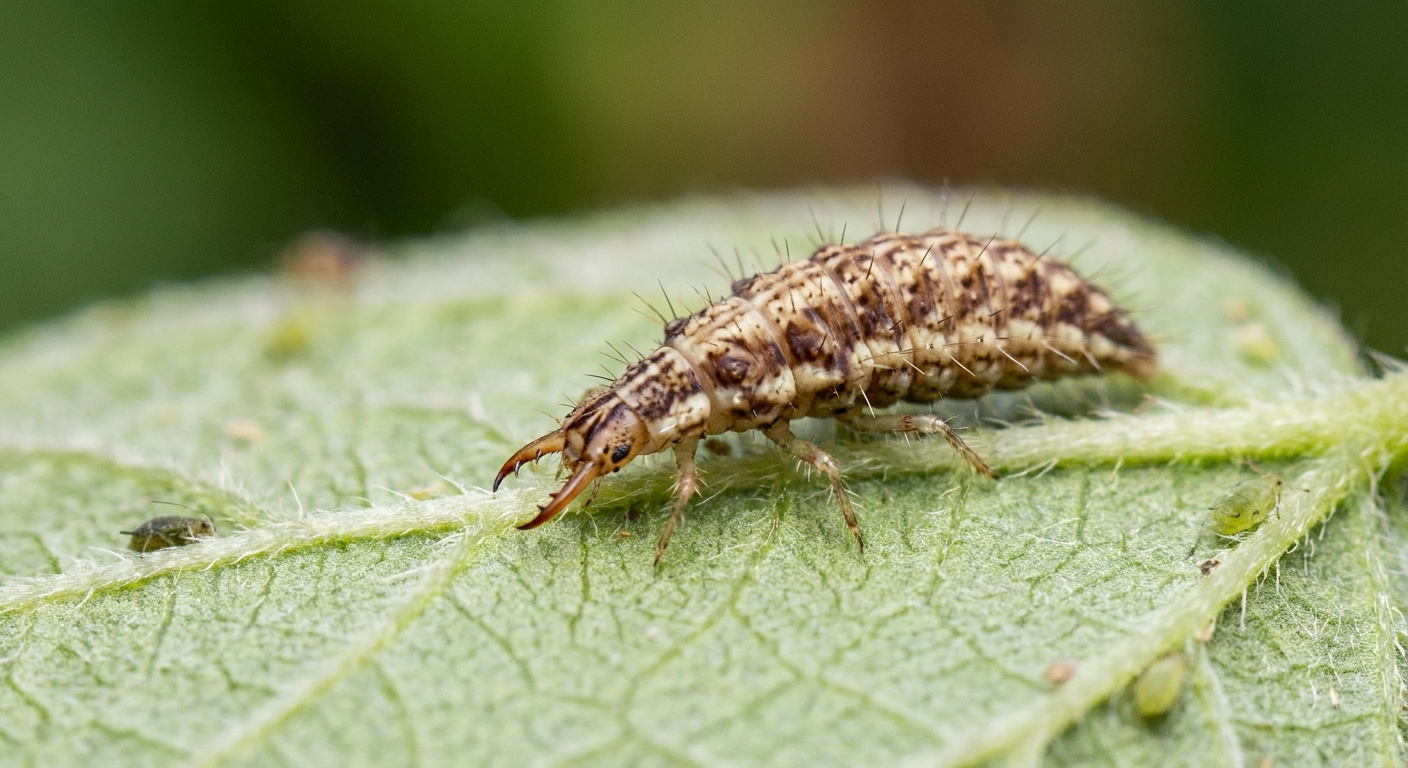 A real close-up photo of a green lacewing larva crawling along a bean leaf surface in a vegetable garden
