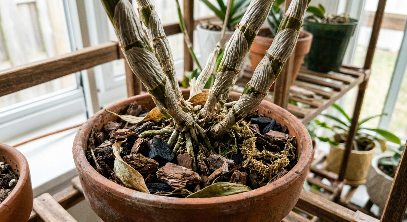 A real close-up photo of a potted Dendrobium orchid showing wrinkled cane-like pseudobulbs and bark potting mix on an indoor plant shelf