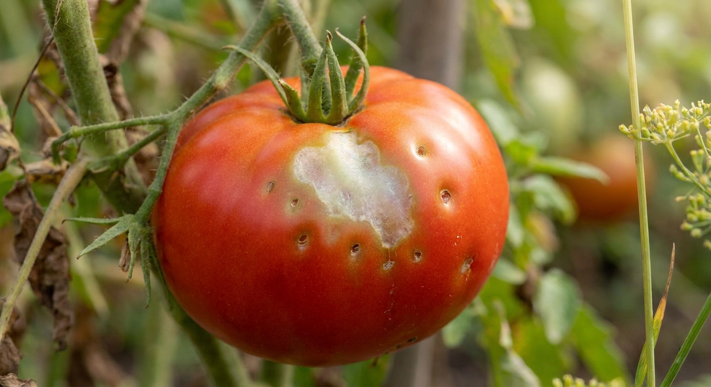 A real close-up photo of a ripe tomato showing a pale cloudy spot and slight dimpling consistent with leaf-footed bug feeding damage