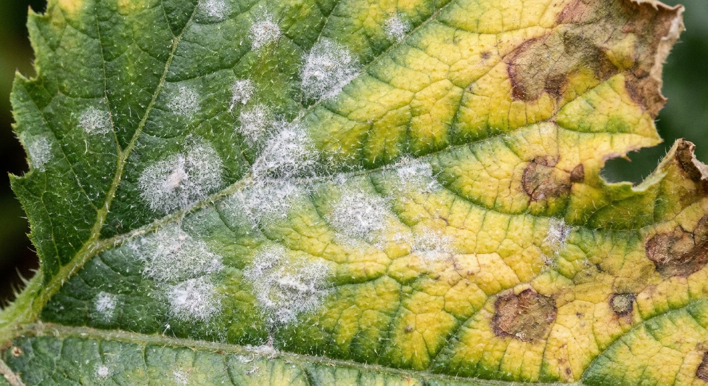 A real close-up photo of a zucchini leaf with white powdery mildew patches and surrounding yellowing tissue