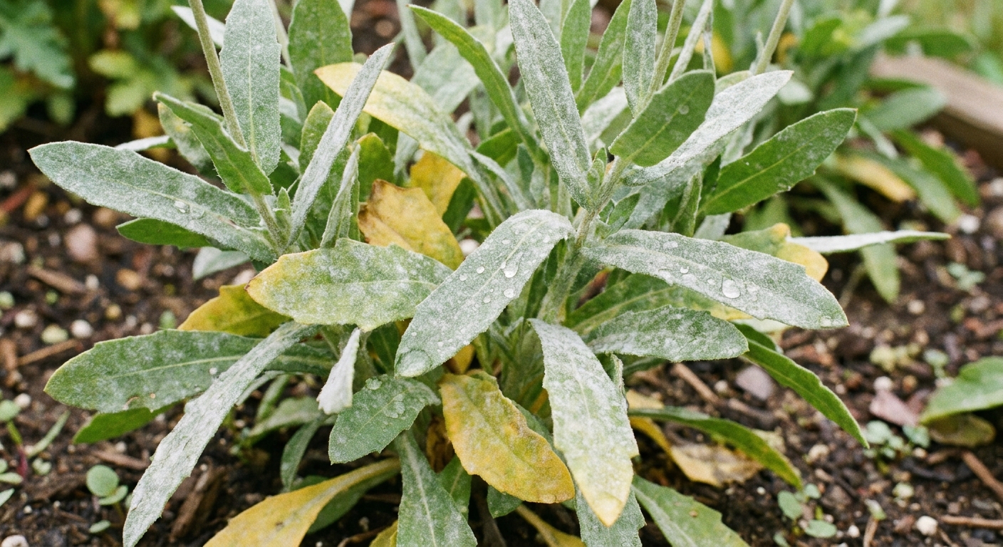 A real close-up photo of gaillardia leaves showing a light white powdery coating from powdery mildew, with the plant growing outdoors