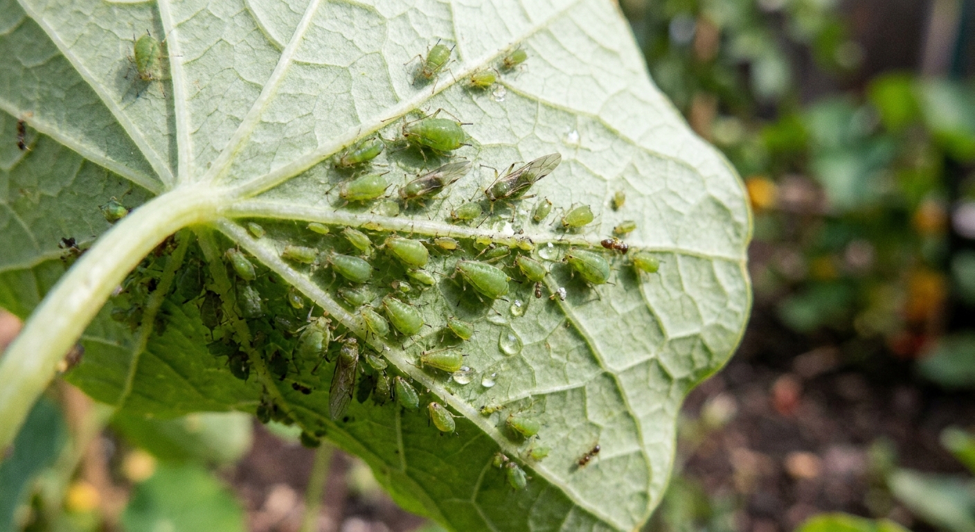 A real close-up photo of green aphids clustered on the underside of a nasturtium leaf in a backyard garden
