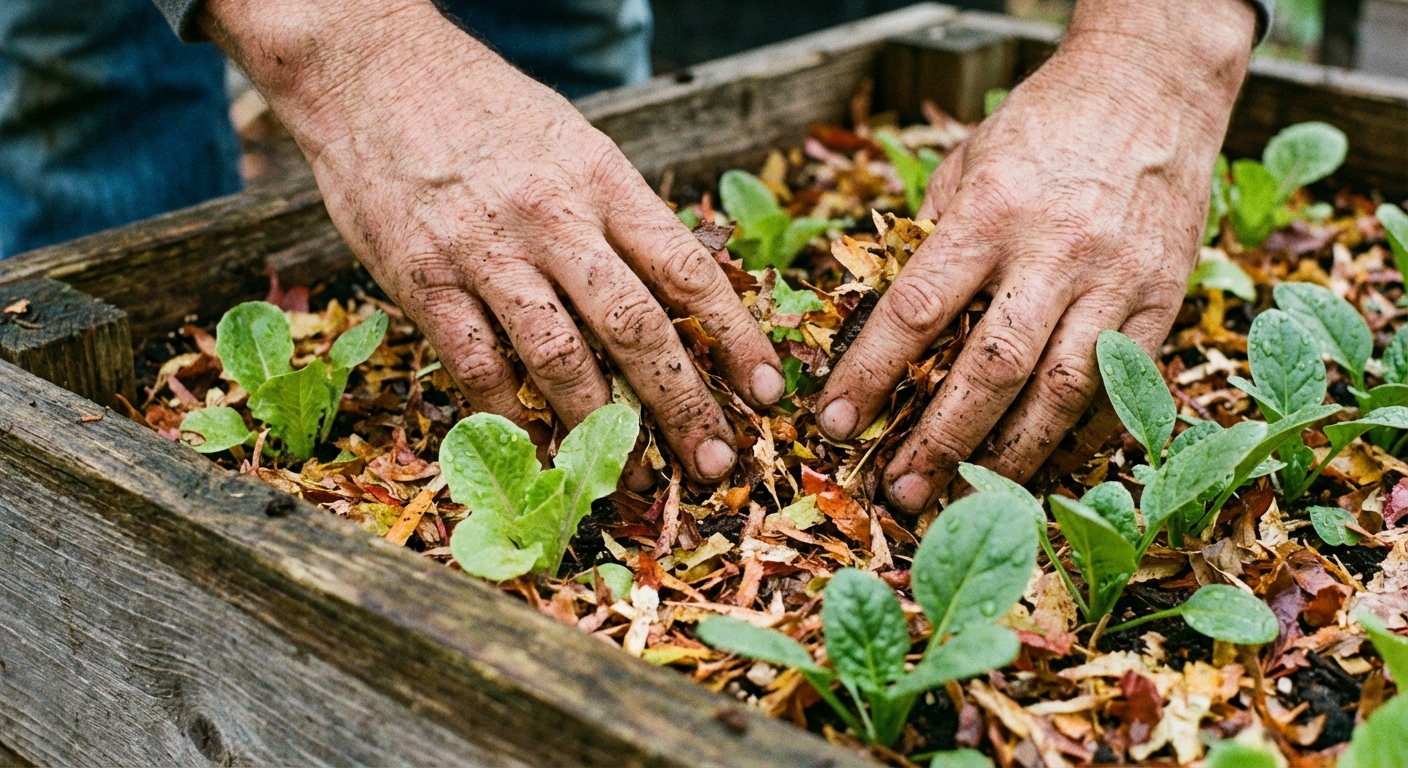 A real close-up photo of hands spreading shredded leaf mulch around young seedlings in a raised garden bed