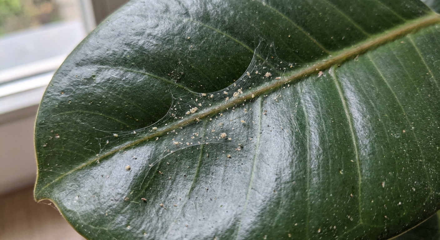 A real close-up photo of the underside of a rubber plant leaf showing fine spider mite webbing near the veins, macro photography, natural light, photorealistic