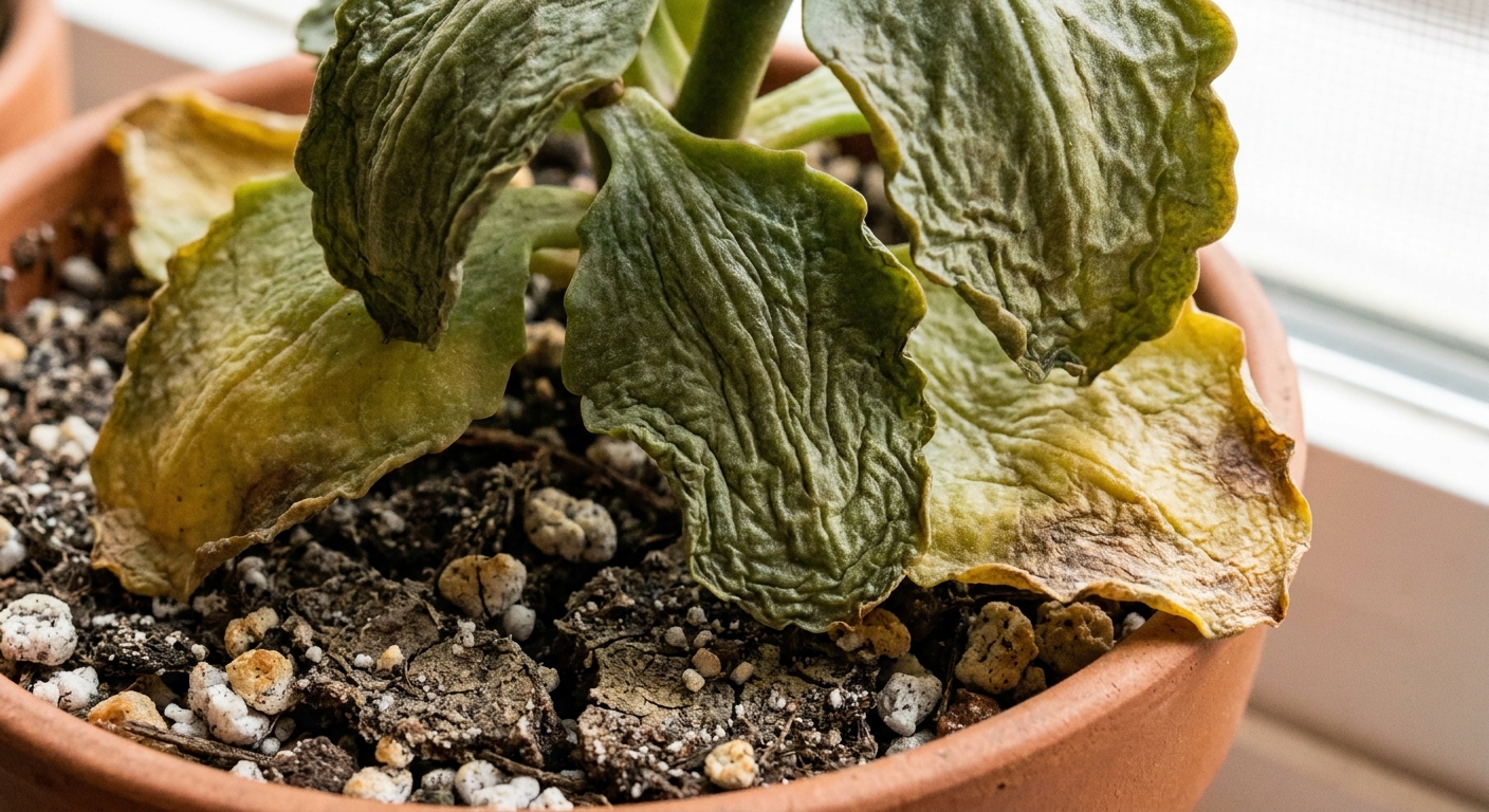 A real close-up photo of wrinkled kalanchoe leaves with dry, cracked potting mix visible in the pot, indoor natural light