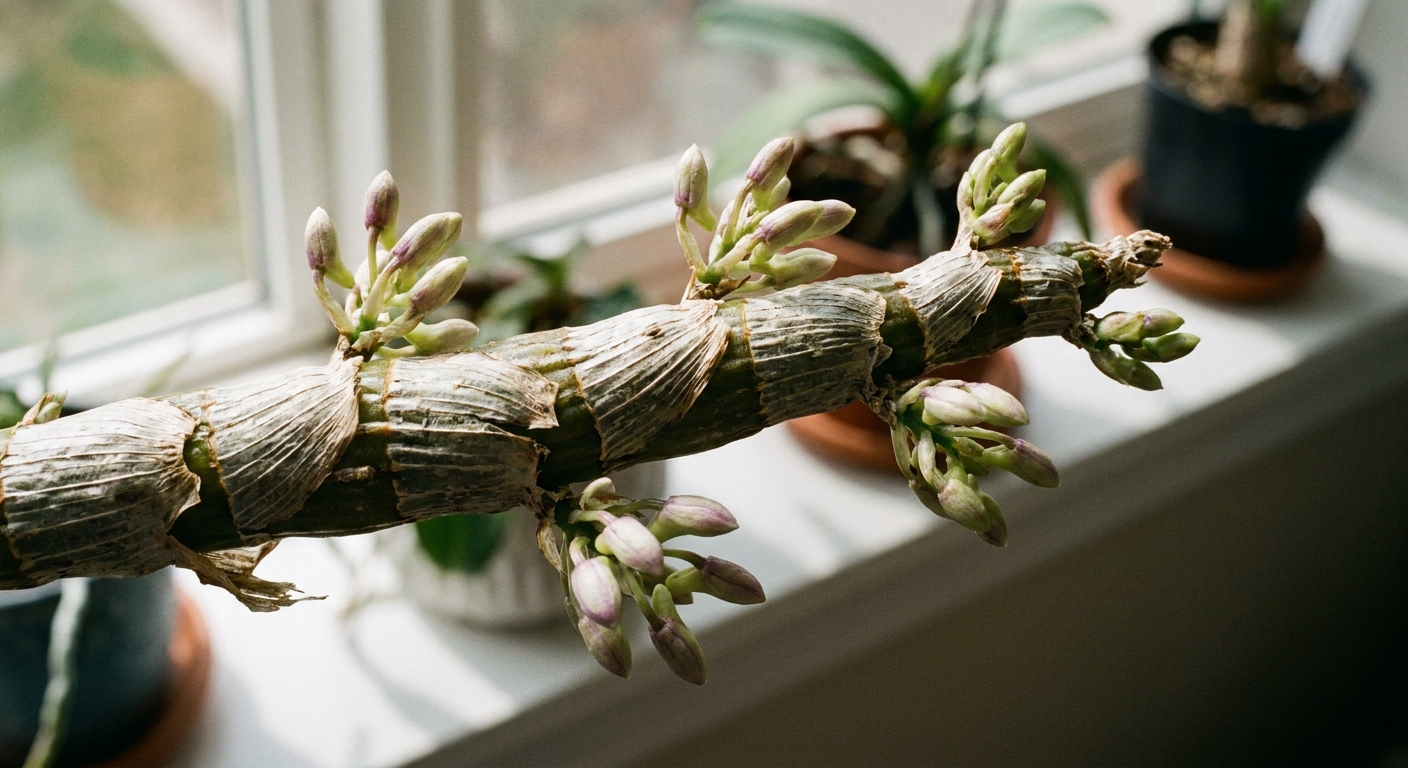 A real close-up photograph of a Dendrobium orchid cane with multiple flower buds forming at the nodes, photographed in natural window light