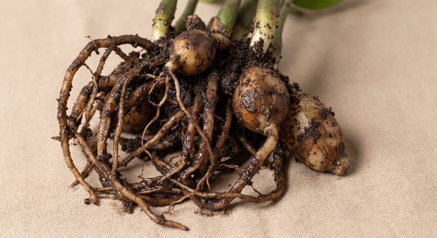 A real close-up photograph of a ZZ plant removed from its pot showing brown mushy roots and softened rhizomes against a neutral background, indoor natural light