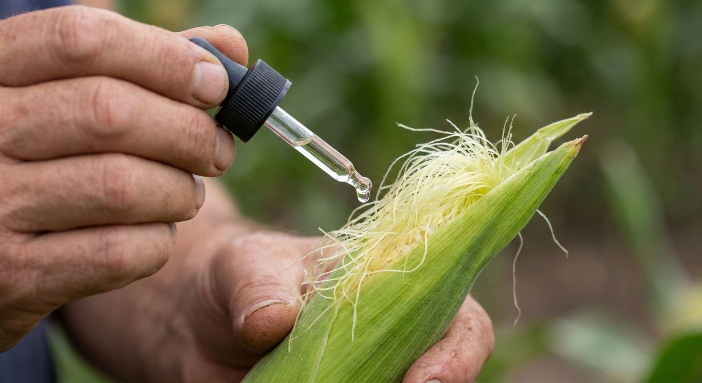 A real close-up photograph of a gardener using a small dropper to place mineral oil drops onto the silks at the tip of a sweet corn ear