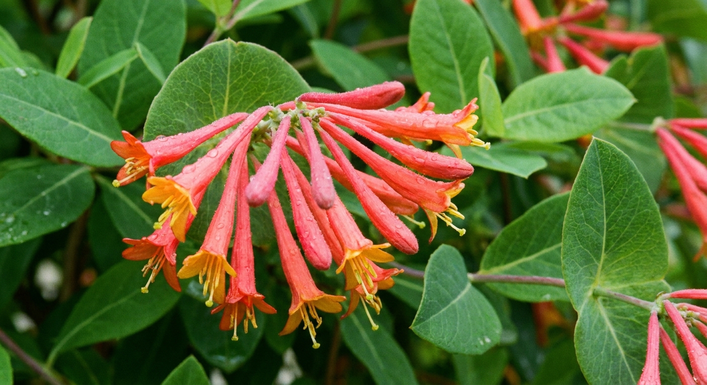 A real close-up photograph of coral honeysuckle flowers, showing tubular coral-red blooms and fresh green leaves in natural outdoor light