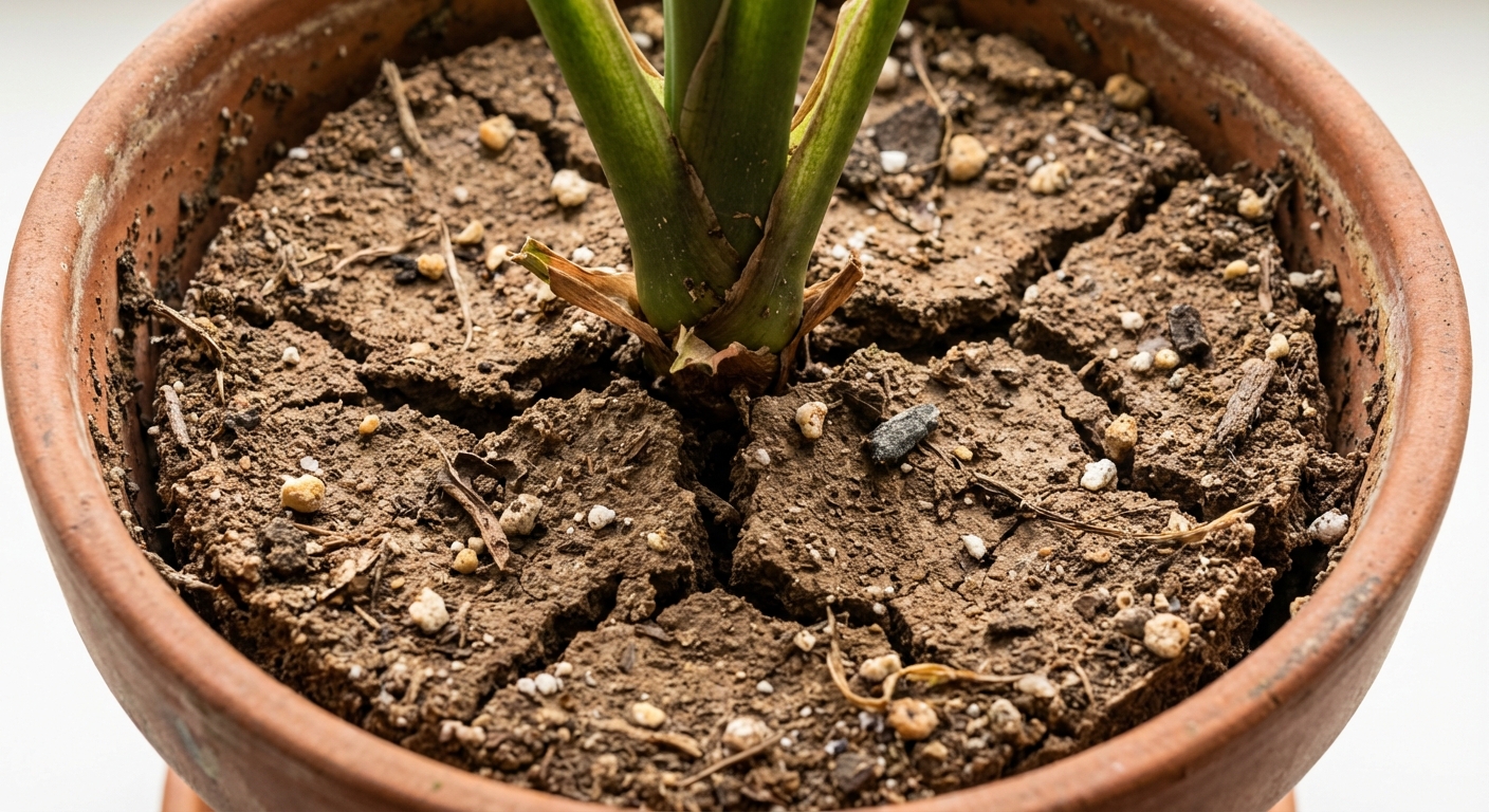 A real close-up photograph of dry potting soil in a nursery pot with visible cracks and soil pulled away from the pot edge, a houseplant stem emerging from the center, bright natural light