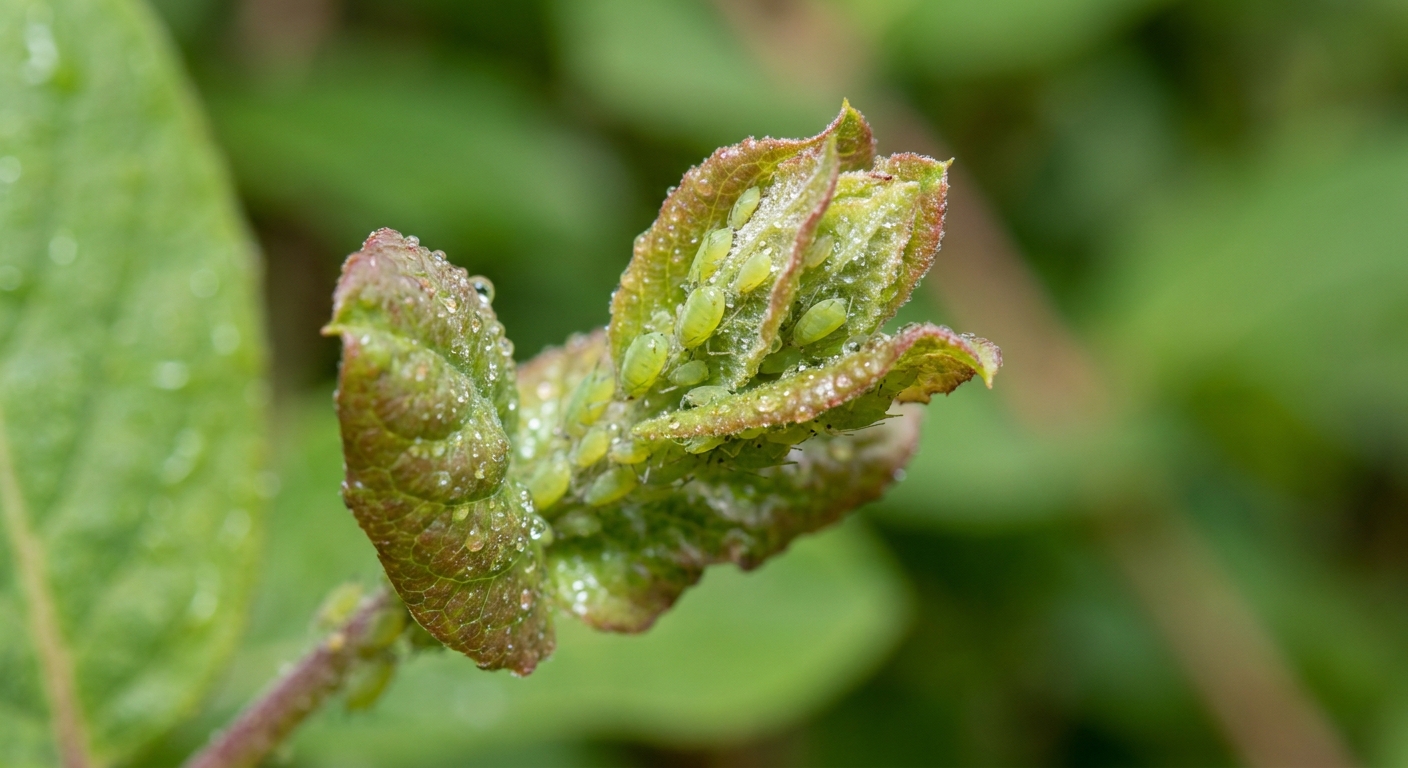 A real close-up photograph of green aphids clustered on a honeysuckle shoot tip with curled young leaves in natural outdoor light