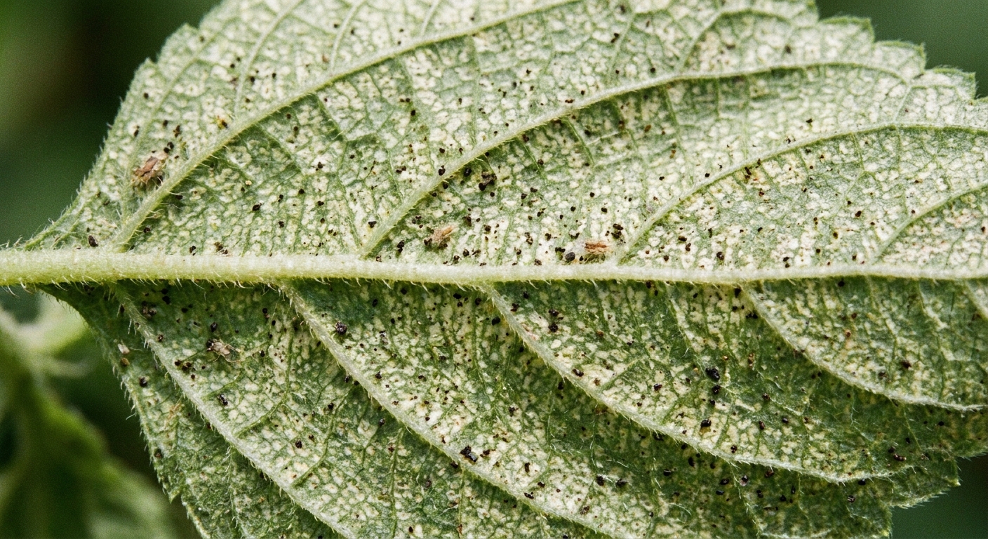 A real close-up photograph of the underside of a lantana leaf showing lace bug damage with small dark specks and pale stippling visible in natural daylight