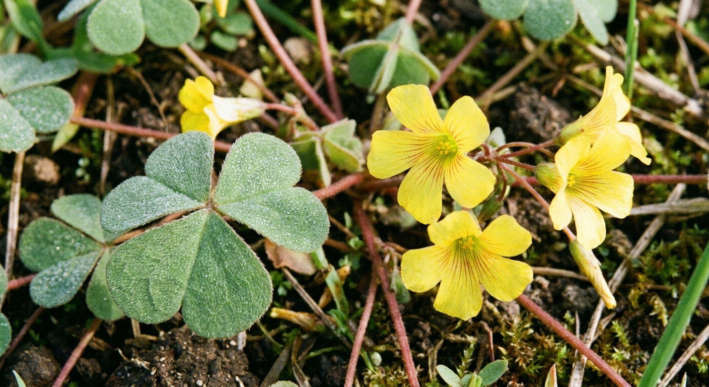 A real close-up photograph of yellow-flowered oxalis showing three heart-shaped leaflets per leaf with soft green color and fine stems in a garden bed