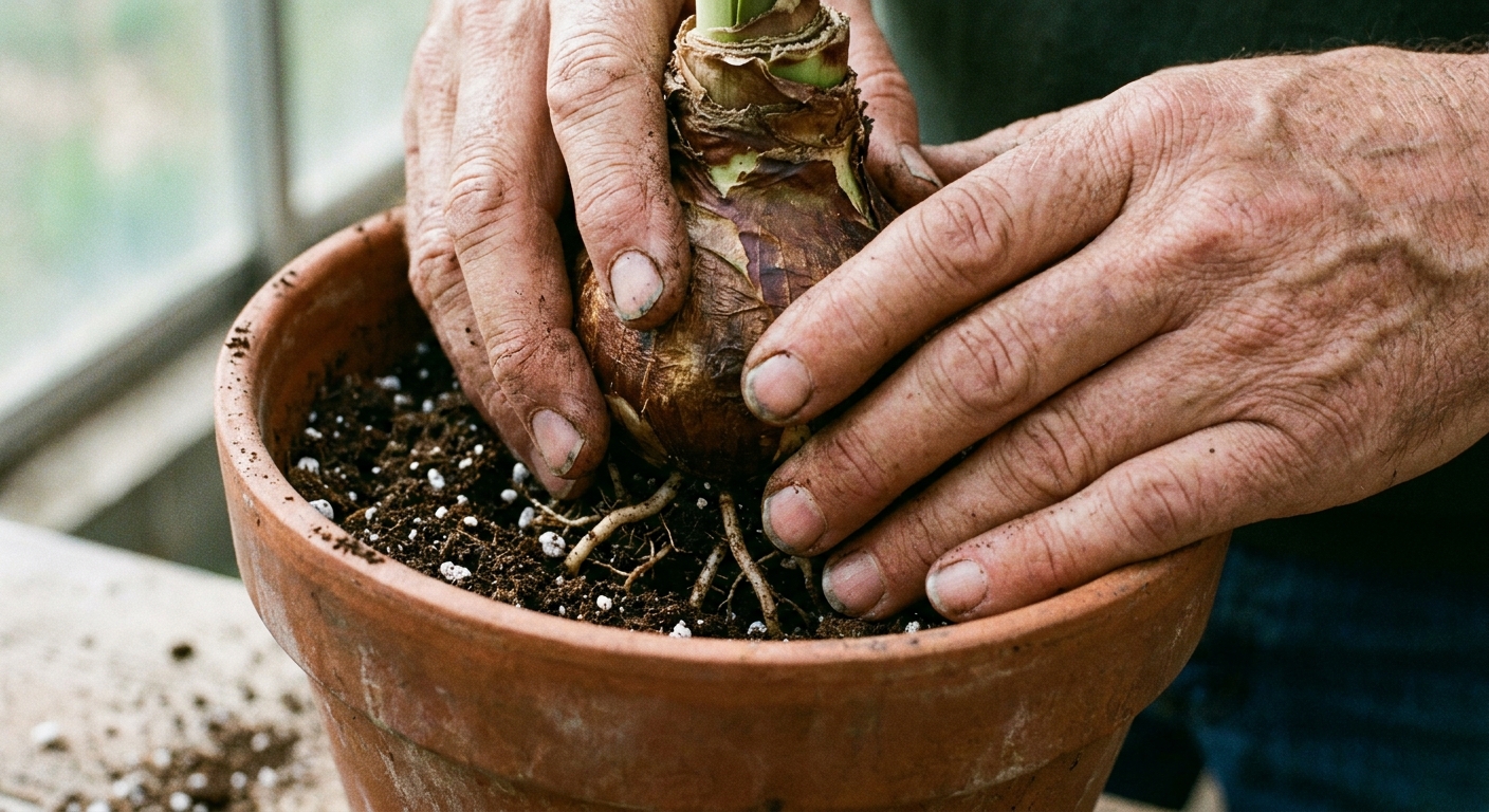 A real closeup photograph of hands setting an amaryllis bulb into a terracotta pot with visible drainage hole and fresh potting mix