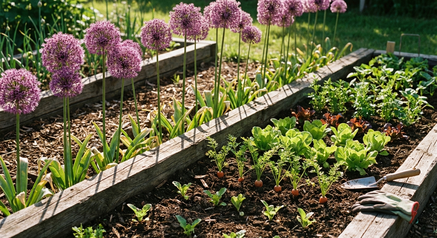 A real garden bed edge planted with blooming purple ornamental alliums beside vegetable seedlings, sunny day, photorealistic