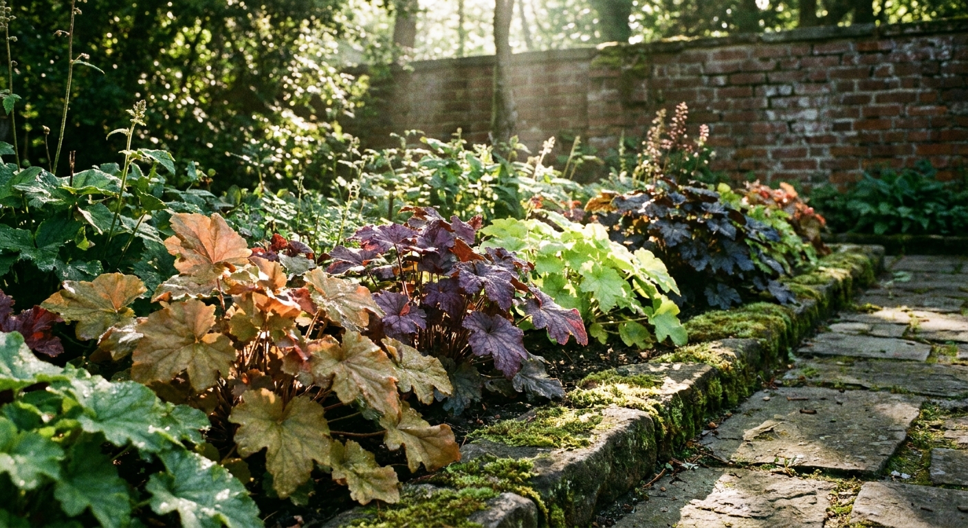 A real garden photograph of coral bells growing in a border that receives soft morning sun and afternoon shade, with dappled light on the leaves