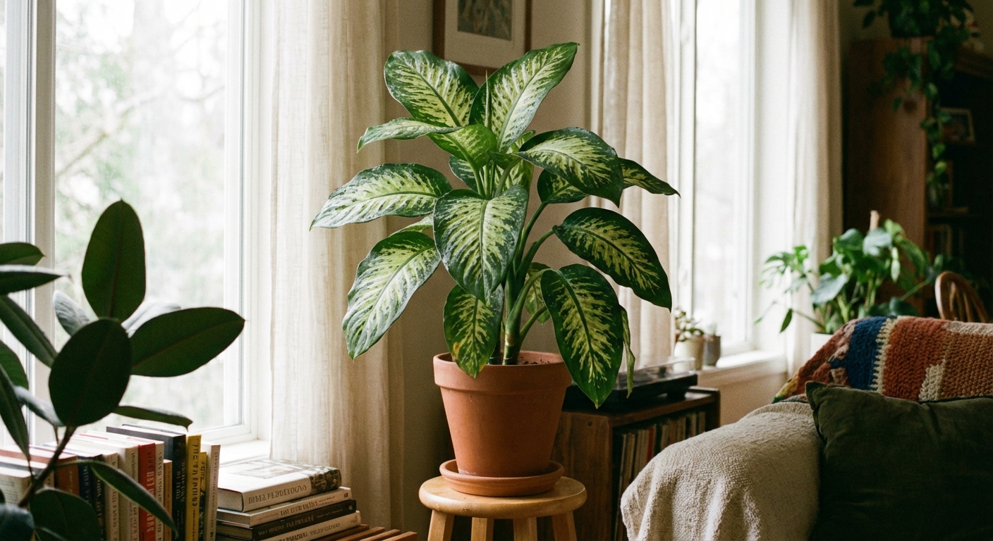 A real indoor dieffenbachia plant with large variegated green and cream leaves in a simple pot, sitting near a bright window with soft indirect light, photorealistic