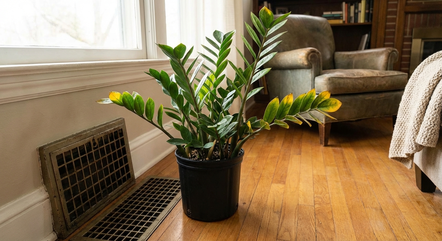 A real indoor photograph of a ZZ plant placed near a floor air vent with gentle light, showing a few yellowing leaves, home interior scene