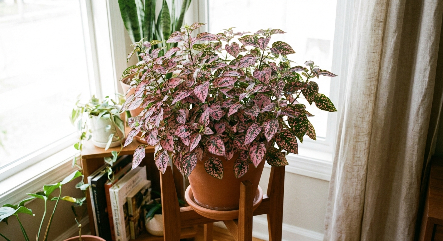 A real indoor photograph of a healthy pink Hypoestes phyllostachya with dense foliage, showing clear pink speckles across green leaves, sitting on a plant stand near a bright window
