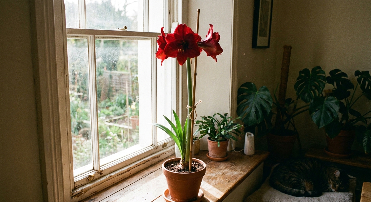 A real indoor photograph of a tall amaryllis flower stalk supported by a thin stake in a pot near a window