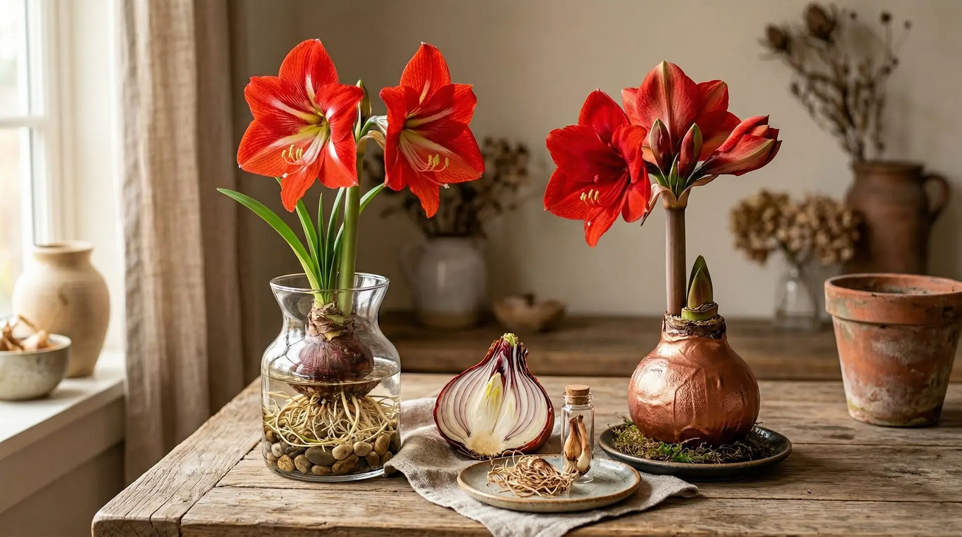 A real indoor photograph of an amaryllis bulb in a clear glass bulb vase with white roots reaching into the water and a green flower stalk rising upward
