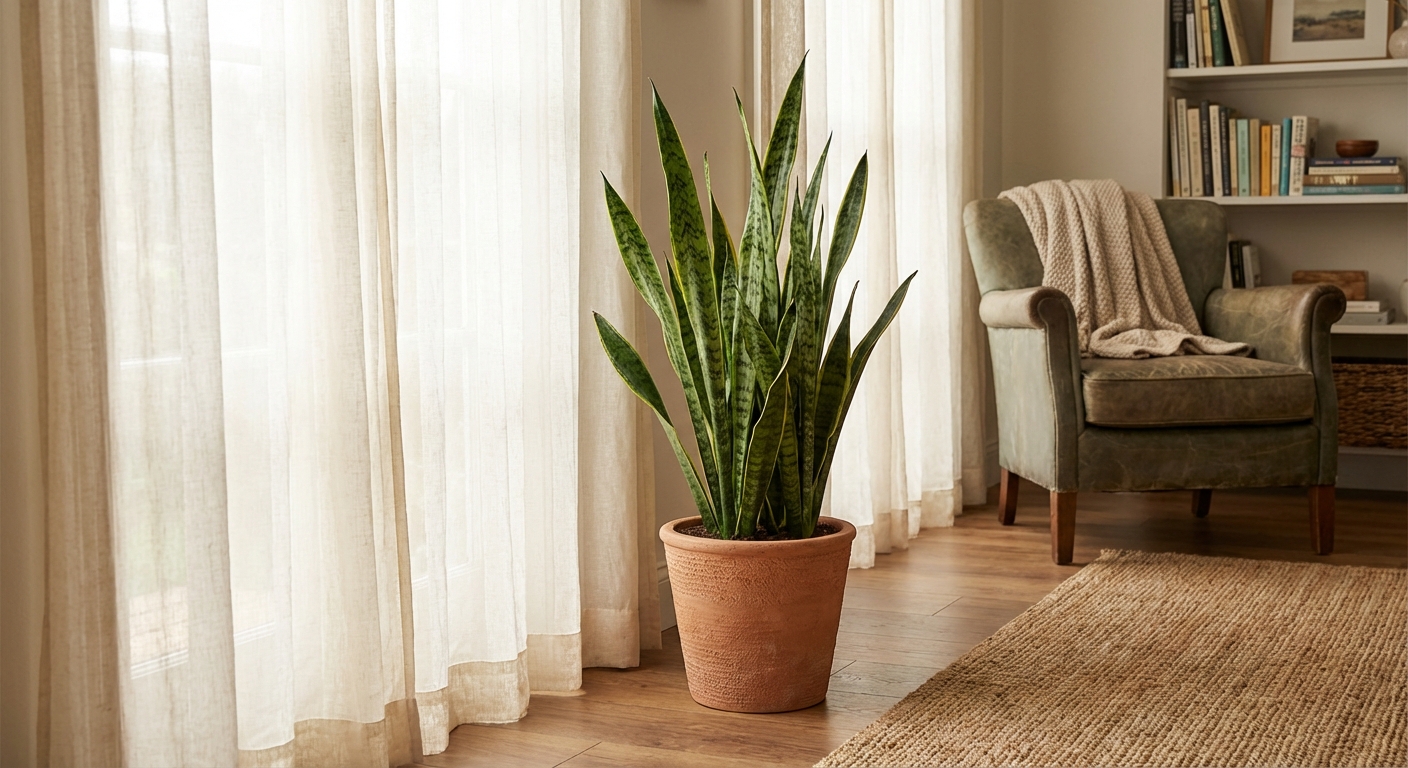 A real indoor snake plant in a pot positioned a short distance away from a window with sheer curtains, soft daylight, cozy home setting, photorealistic