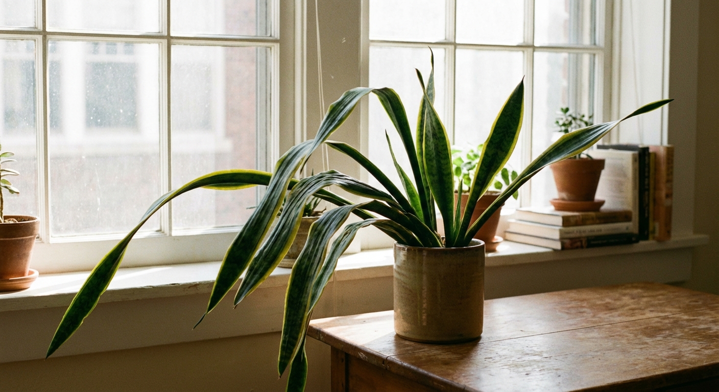 A real indoor snake plant in a simple ceramic pot with several long leaves bending outward and slightly wrinkled near the base, sitting by a bright window on a wooden table, natural light, photorealistic