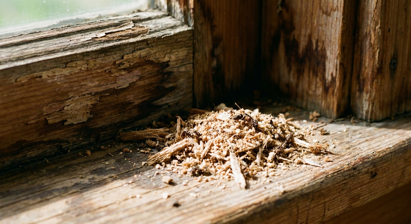 A real-life close-up photo of a small pile of carpenter ant frass that looks like sawdust on a windowsill beside a slightly water-stained wooden frame