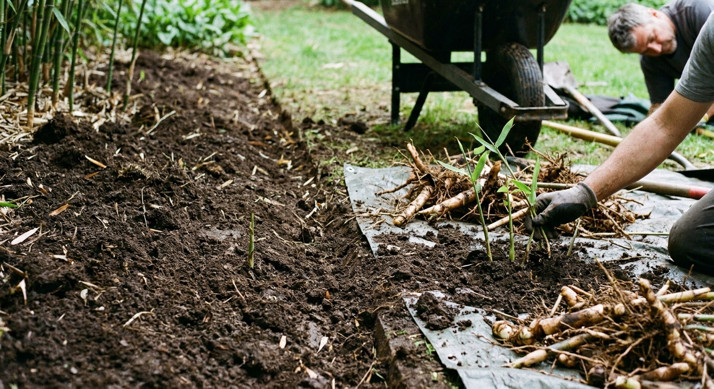 A real-life photo of a garden bed edge after bamboo removal, showing clean soil with a few small bamboo shoots being pulled by hand