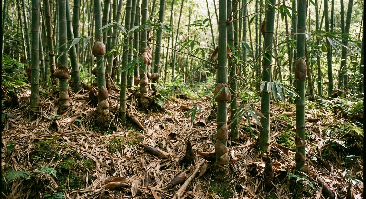 A real-life photo of bamboo canes outdoors showing clear nodes and branching, with leaf litter at the base of the grove