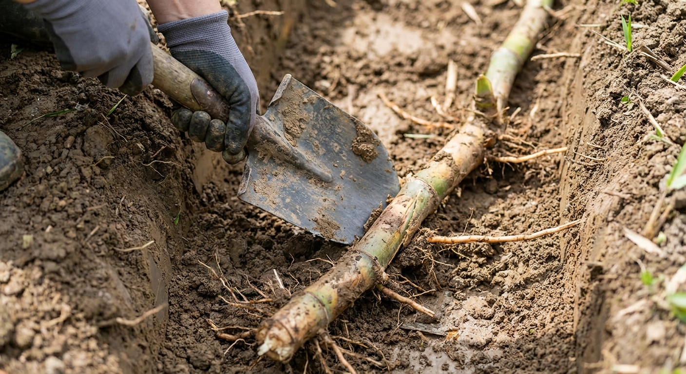 A real-life photo of hands using a garden spade to slice through a running bamboo rhizome in a shallow trench