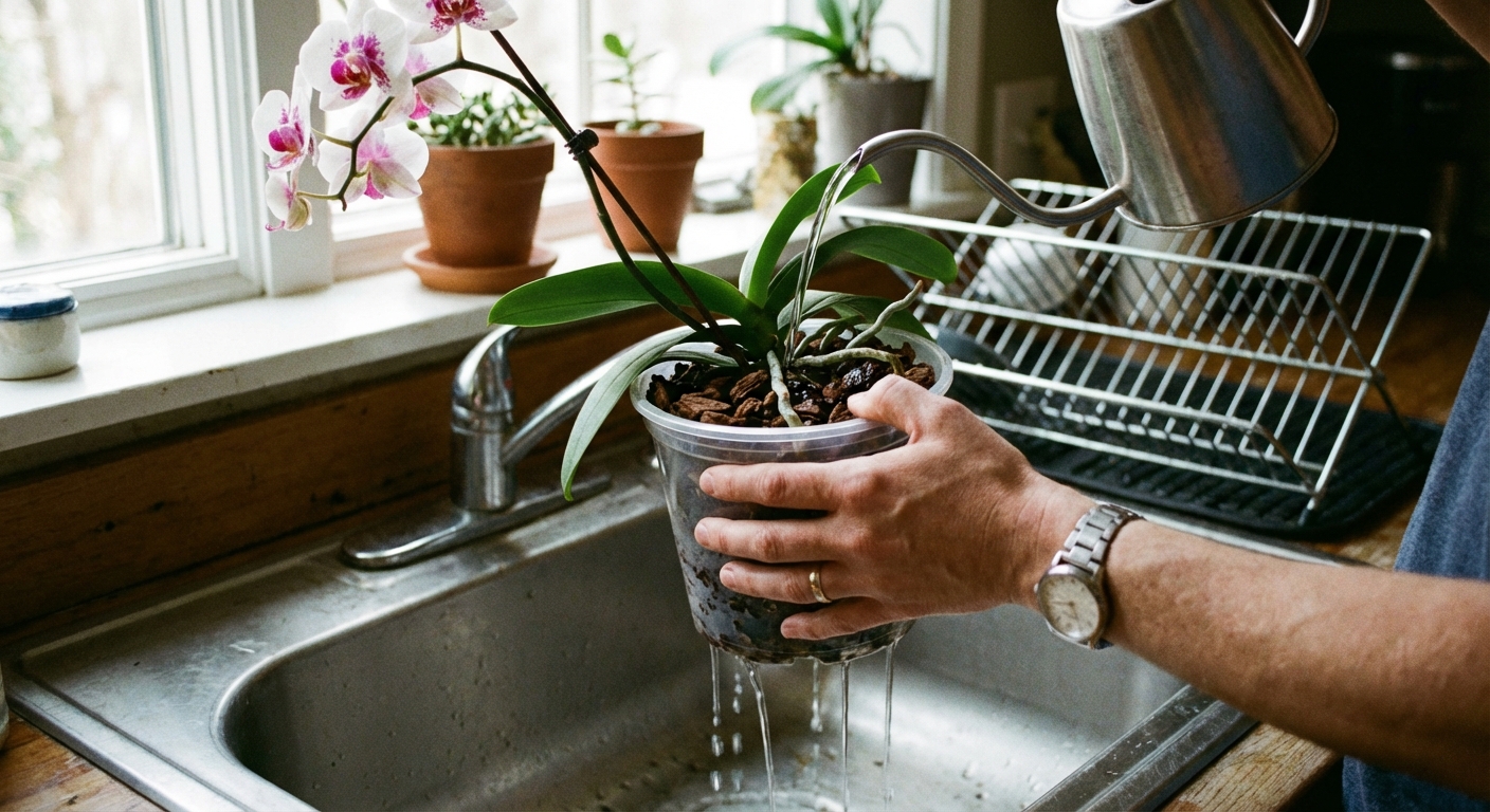 A real-life photo of hands watering a Phalaenopsis orchid in a clear pot over a kitchen sink, with water flowing through bark mix and draining from the bottom holes