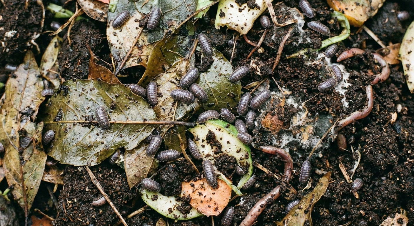 A real-life photograph of pill bugs crawling on partially decomposed leaves and kitchen scraps in a backyard compost pile, with damp organic matter and rich dark compost