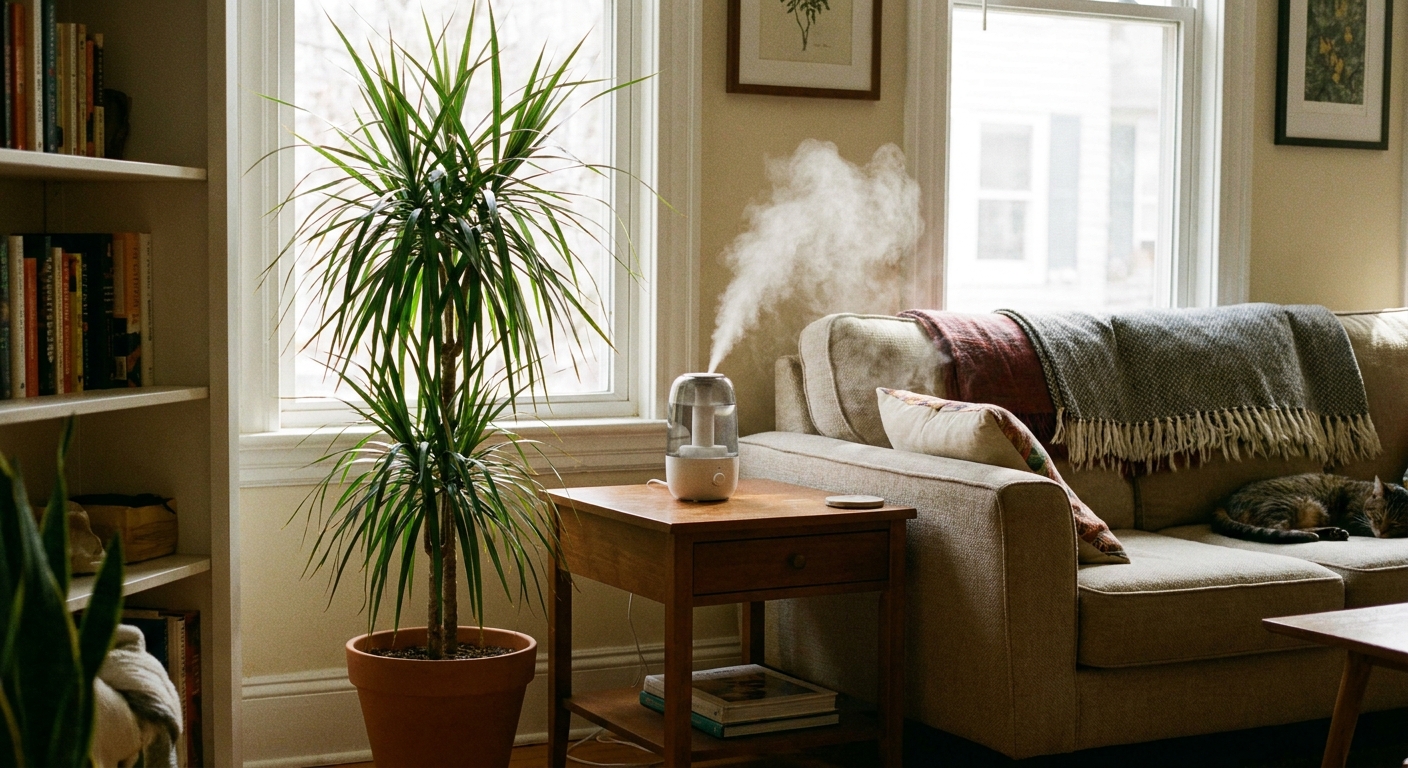 A real living room scene with a dracaena in a pot and a small humidifier nearby releasing a gentle mist, natural indoor lighting