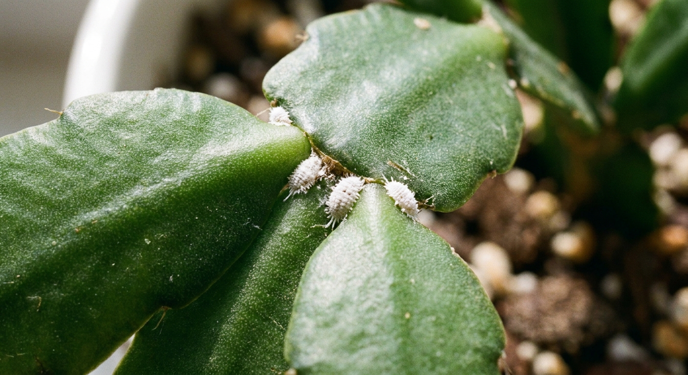 A real macro photo of a Christmas cactus stem joint showing small white cottony mealybugs tucked into the crevice